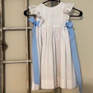 White and blue seersucker dress